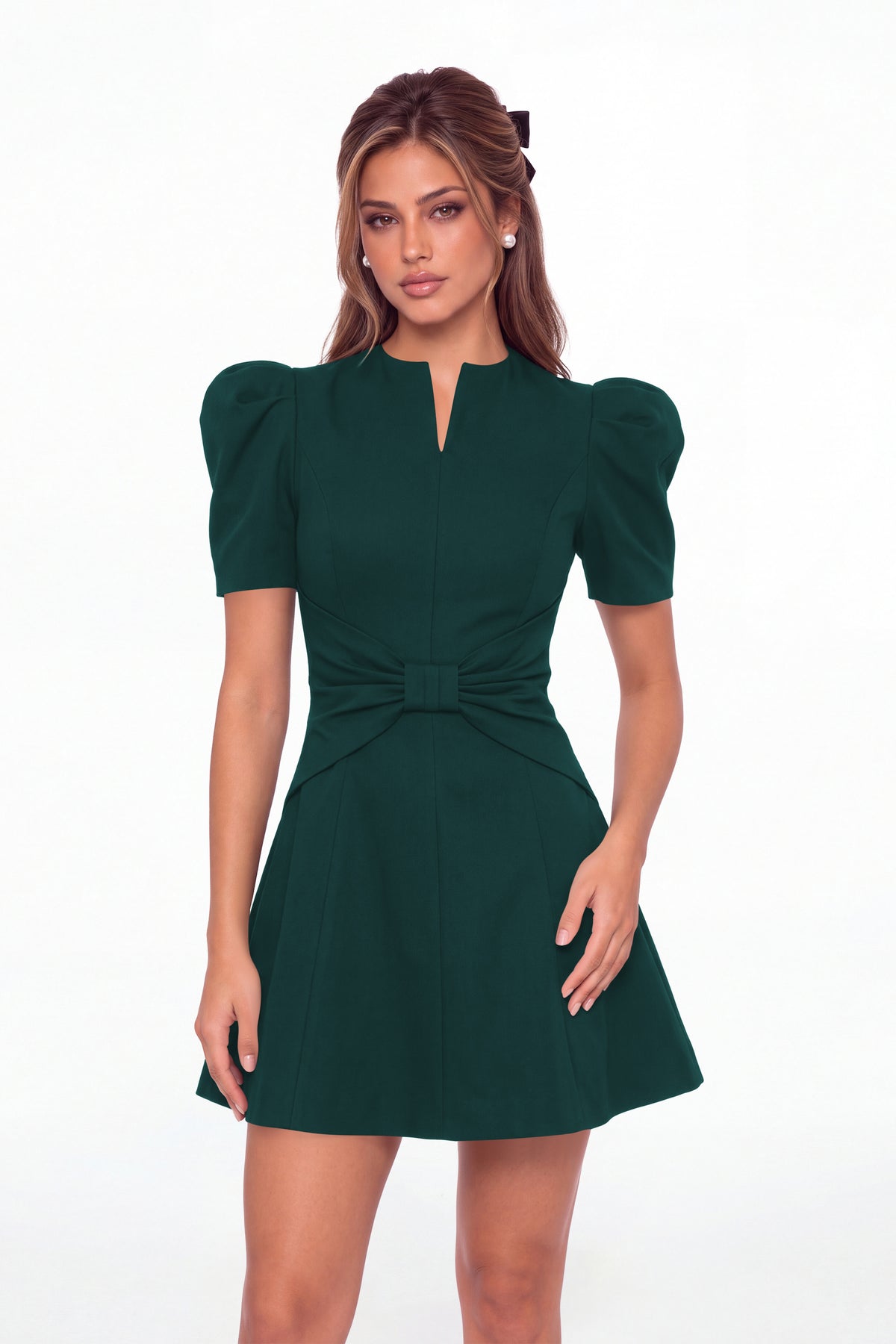 Peacock Puff Sleeve Bow Ruched Satin Mini Homecoming Dress - Front View