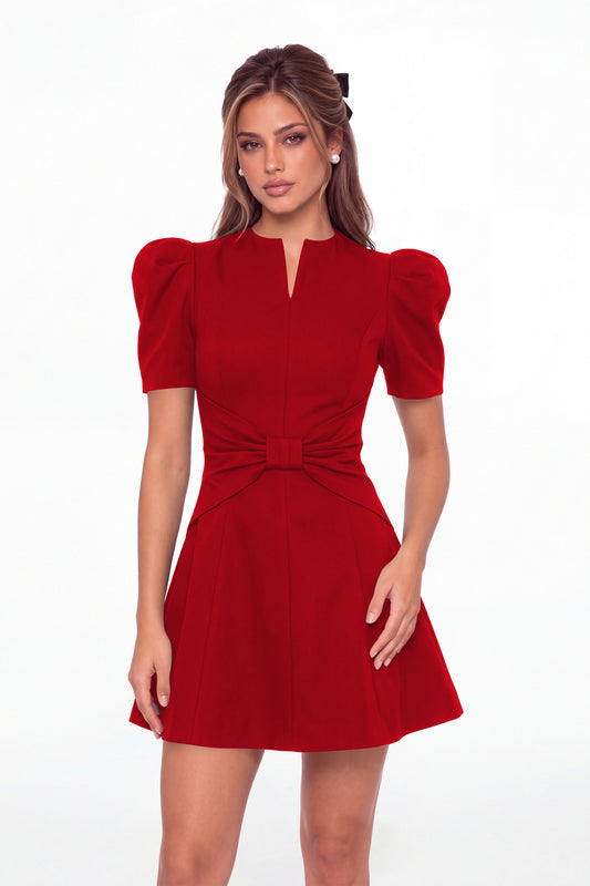 Red Puff Sleeve Bow Ruched Satin Mini Homecoming Dress - Front View