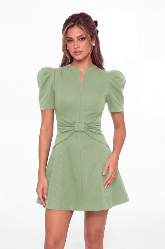 Sage Green Puff Sleeve Bow Ruched Satin Mini Homecoming Dress - Front View