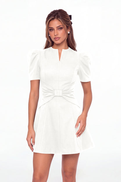 White Puff Sleeve Bow Ruched Satin Mini Homecoming Dress - Front View
