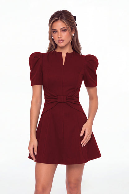 Wine Red Puff Sleeve Bow Ruched Satin Mini Homecoming Dress - Front View
