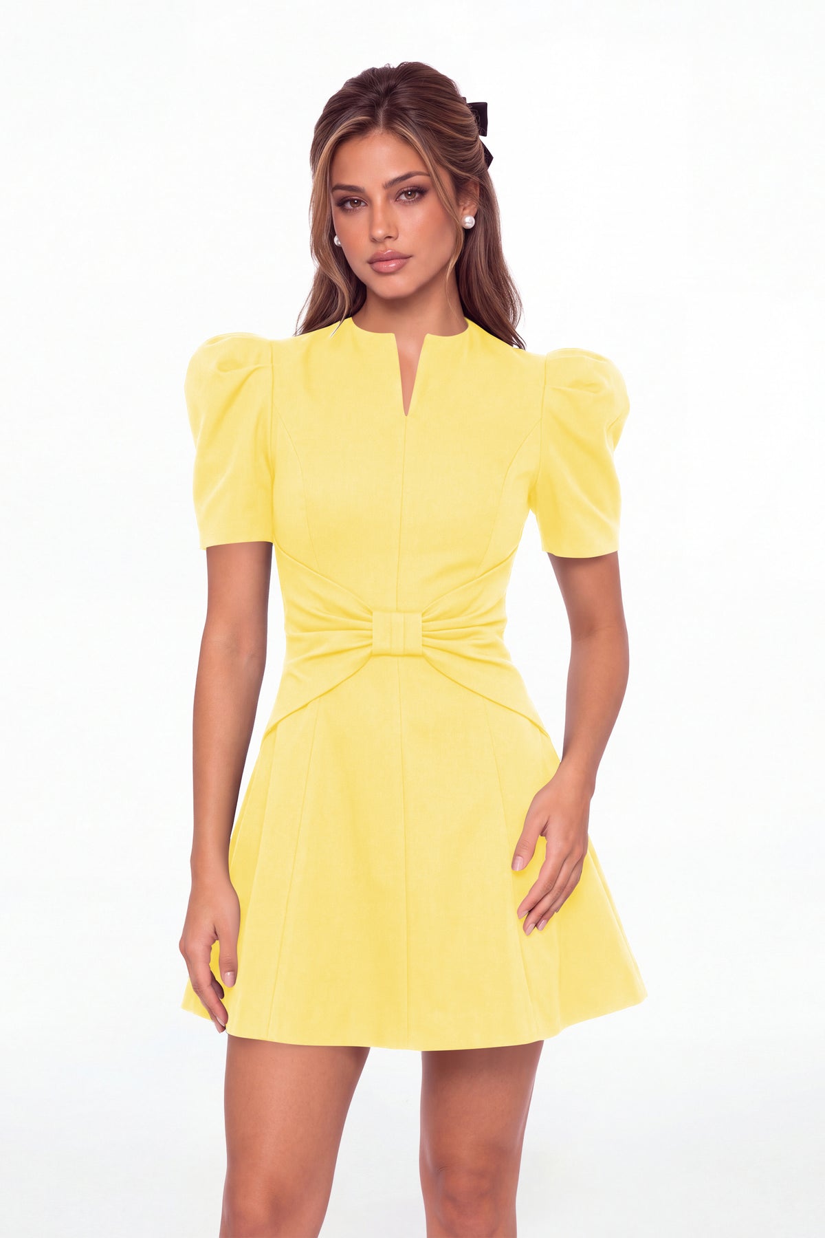 Yellow Puff Sleeve Bow Ruched Satin Mini Homecoming Dress - Front View