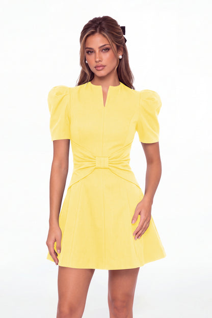 Yellow Puff Sleeve Bow Ruched Satin Mini Homecoming Dress - Front View