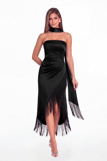 Black Strapless Ruched Fringe Satin High-Low Prom Dress - Front View