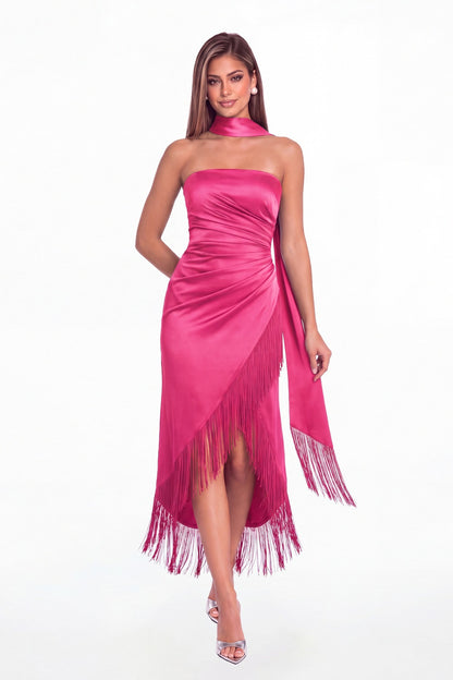 Fuchsia Strapless Ruched Fringe Satin High-Low Prom Dress - Front View