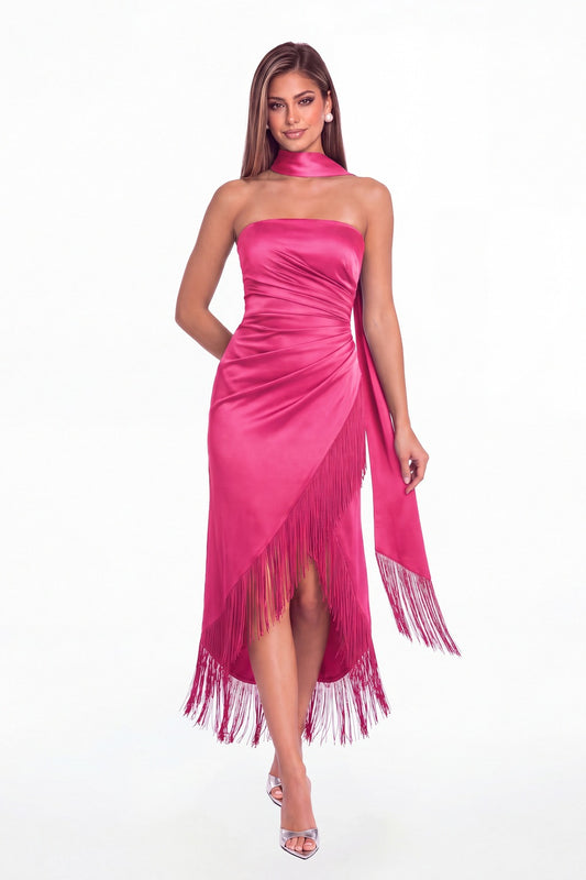 Fuchsia Strapless Ruched Fringe Satin High-Low Prom Dress - Front View