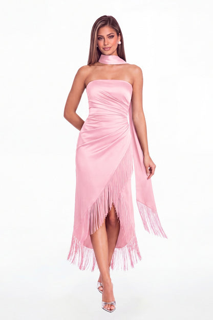 Light Pink Strapless Ruched Fringe Satin High-Low Prom Dress - Front View