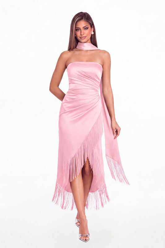 Light Pink Strapless Ruched Fringe Satin High-Low Prom Dress - Front View
