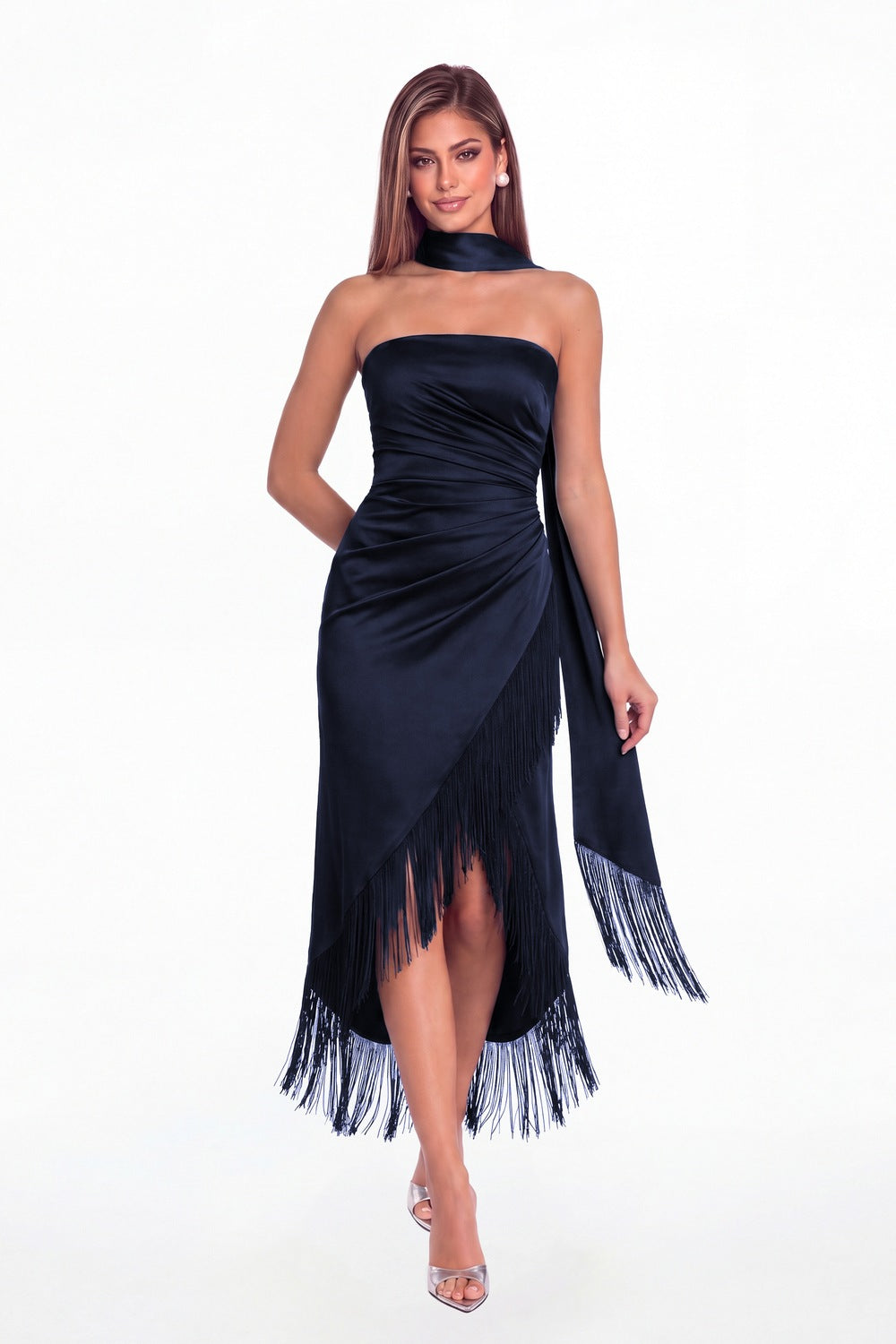 Navy Blue Strapless Ruched Fringe Satin High-Low Prom Dress - Front View