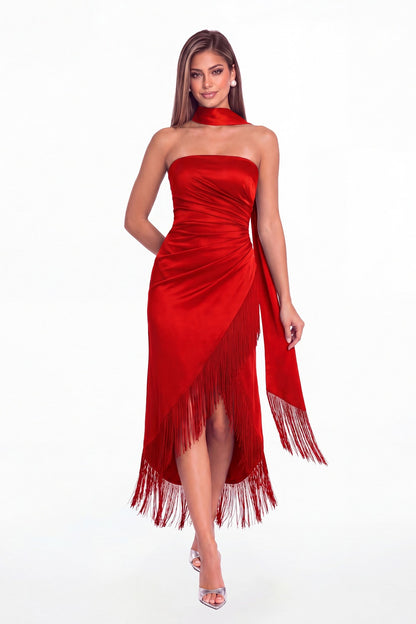 Red Strapless Ruched Fringe Satin High-Low Prom Dress - Front View
