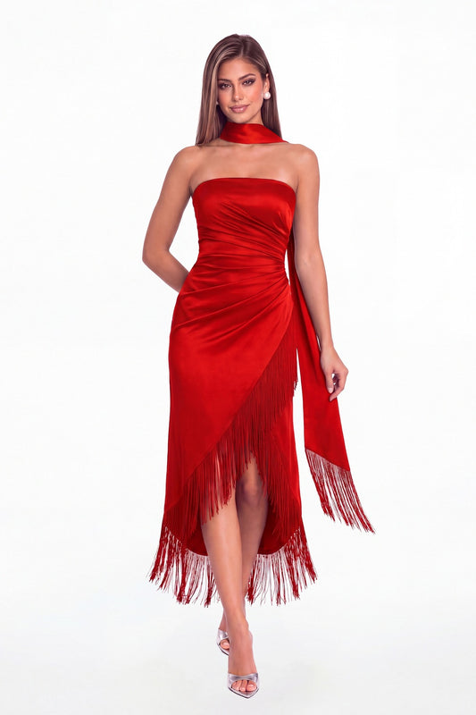 Red Strapless Ruched Fringe Satin High-Low Prom Dress - Front View