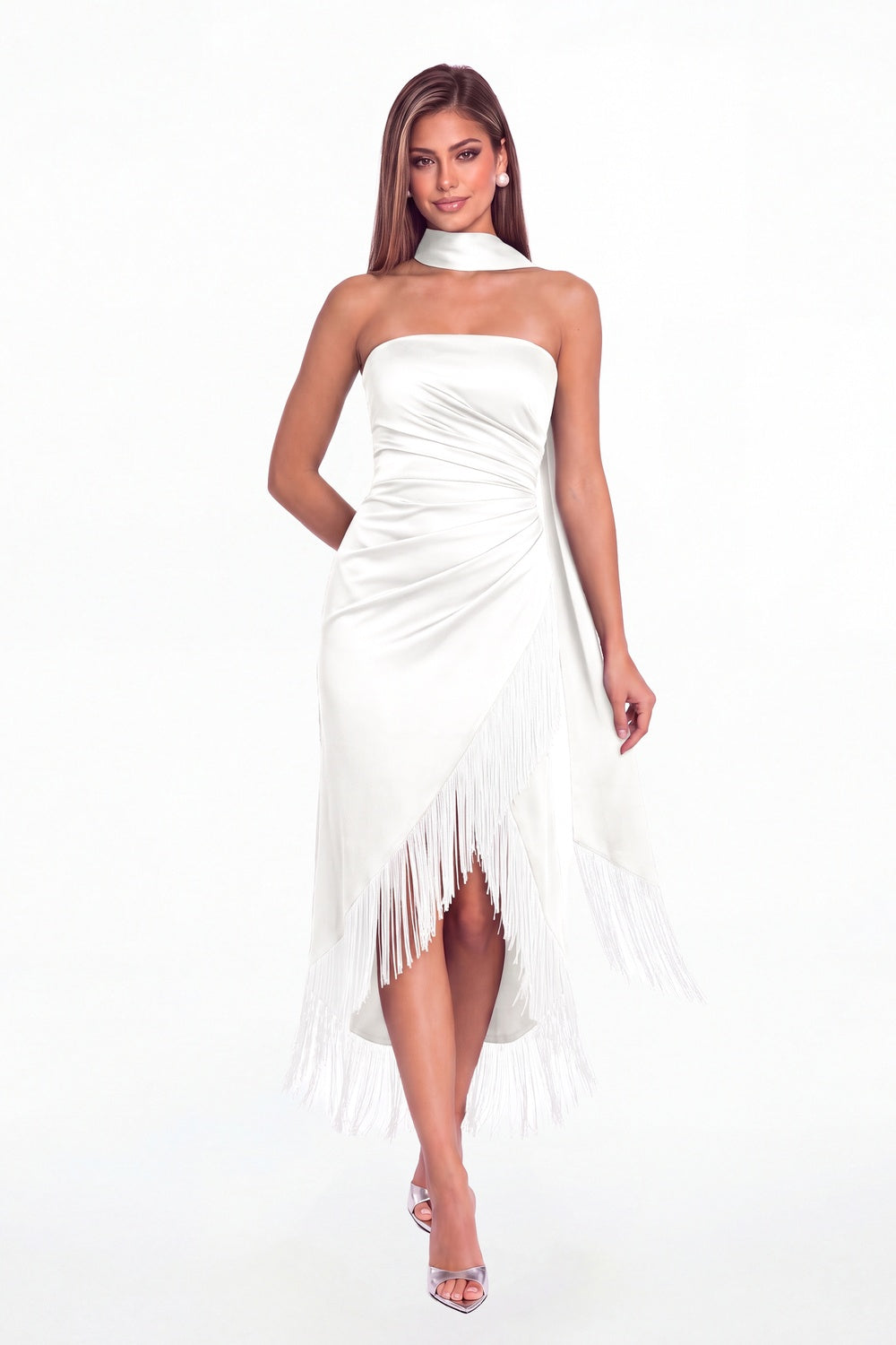 White Strapless Ruched Fringe Satin High-Low Prom Dress - Front View