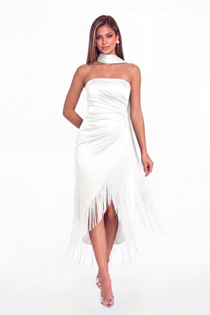 White Strapless Ruched Fringe Satin High-Low Prom Dress - Front View