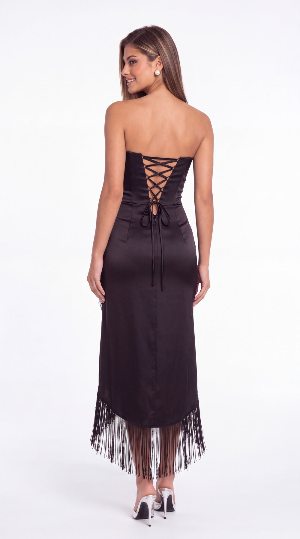 Strapless Ruched Fringe Satin High-Low Prom Dress - Back View