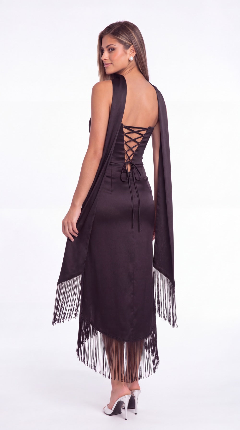 Strapless Ruched Fringe Satin High-Low Prom Dress - Detail View 1