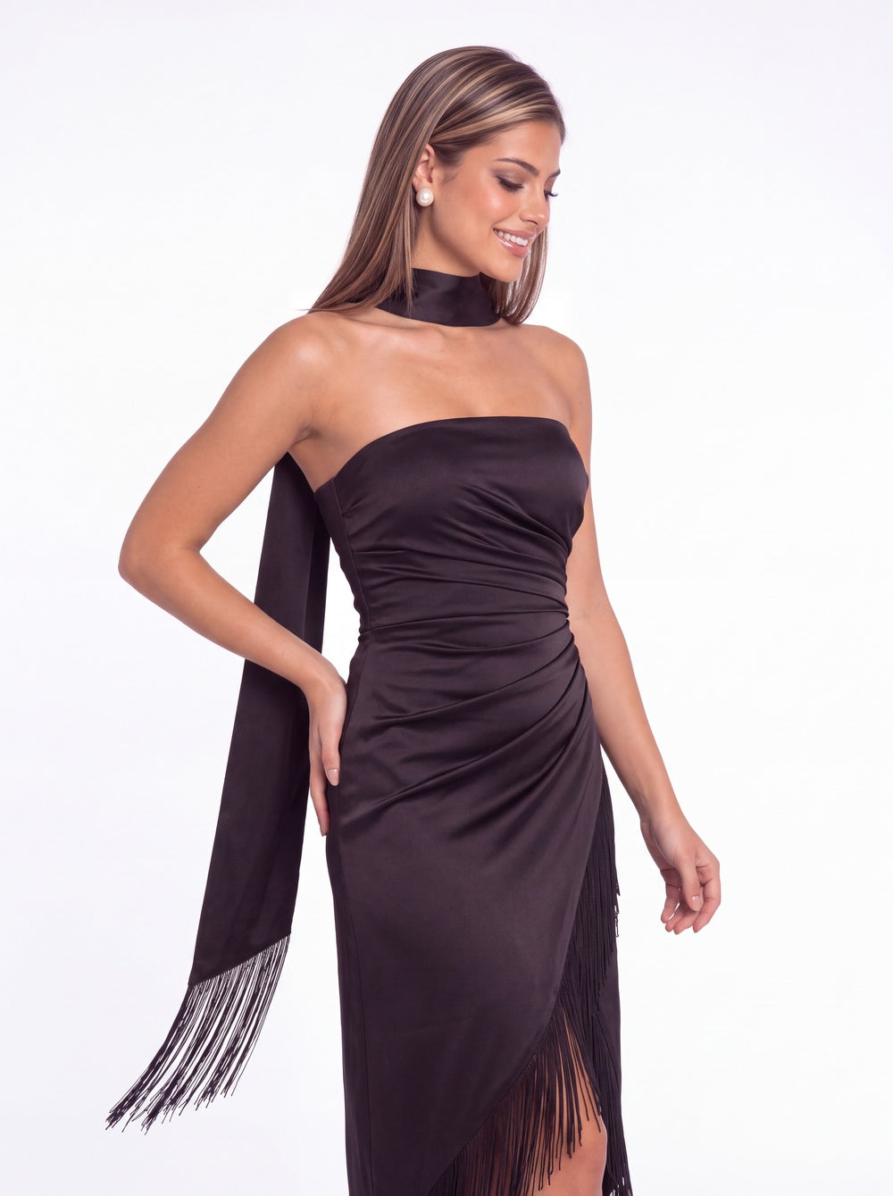 Strapless Ruched Fringe Satin High-Low Prom Dress - Detail View 3
