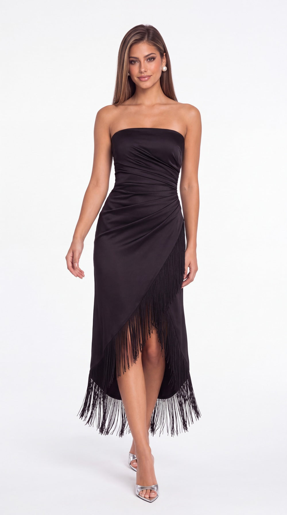 Strapless Ruched Fringe Satin High-Low Prom Dress - Detail View 4