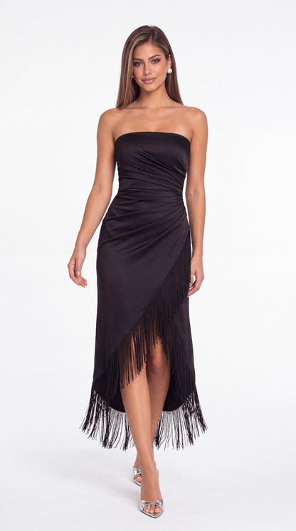 Strapless Ruched Fringe Satin High-Low Prom Dress - Detail View 4