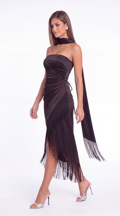 Strapless Ruched Fringe Satin High-Low Prom Dress - Detail View 5