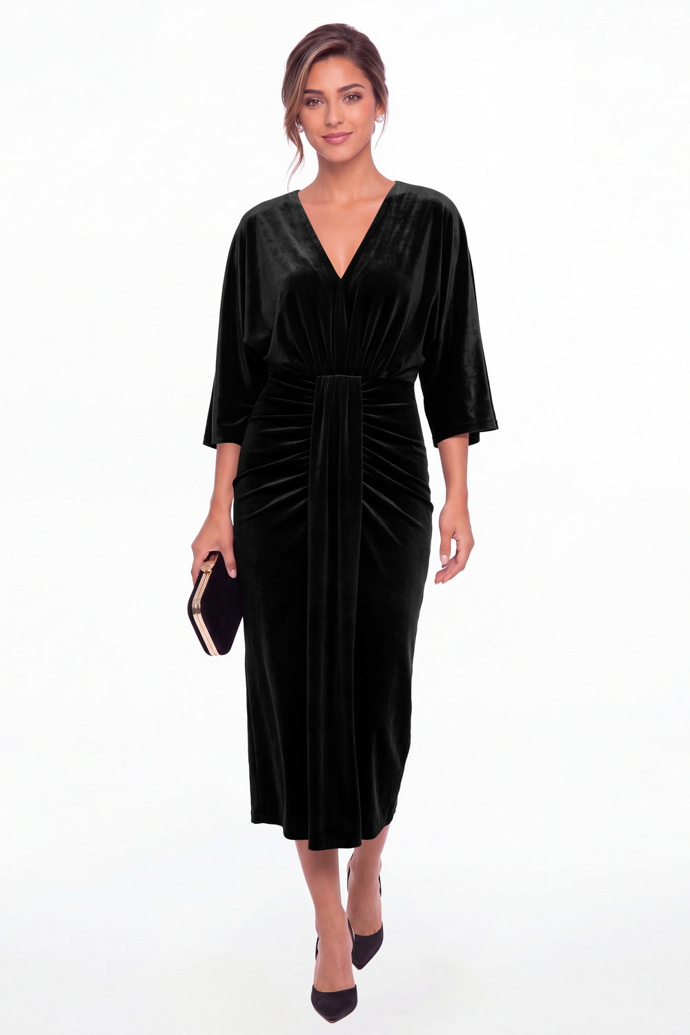 Black V-Neck Tie Ruched Velvet Midi Dress - Front View