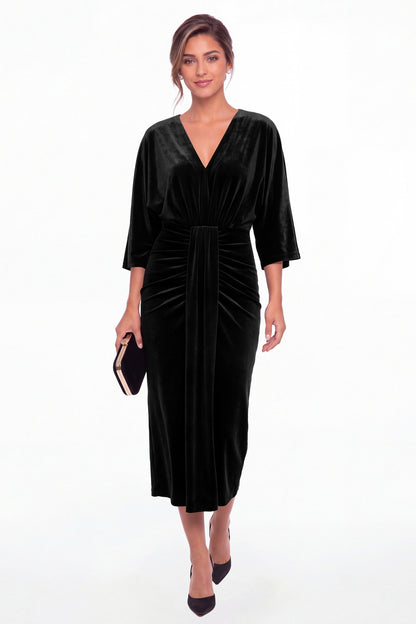 Black V-Neck Tie Ruched Velvet Midi Dress - Front View