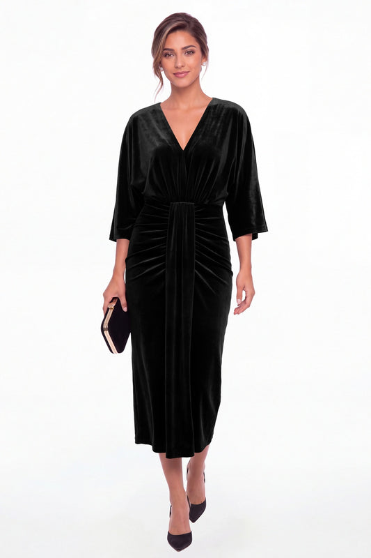 Black V-Neck Tie Ruched Velvet Midi Dress - Front View