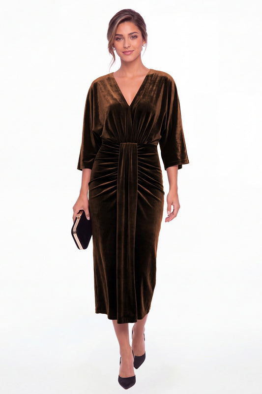 Brown V-Neck Tie Ruched Velvet Midi Dress - Front View