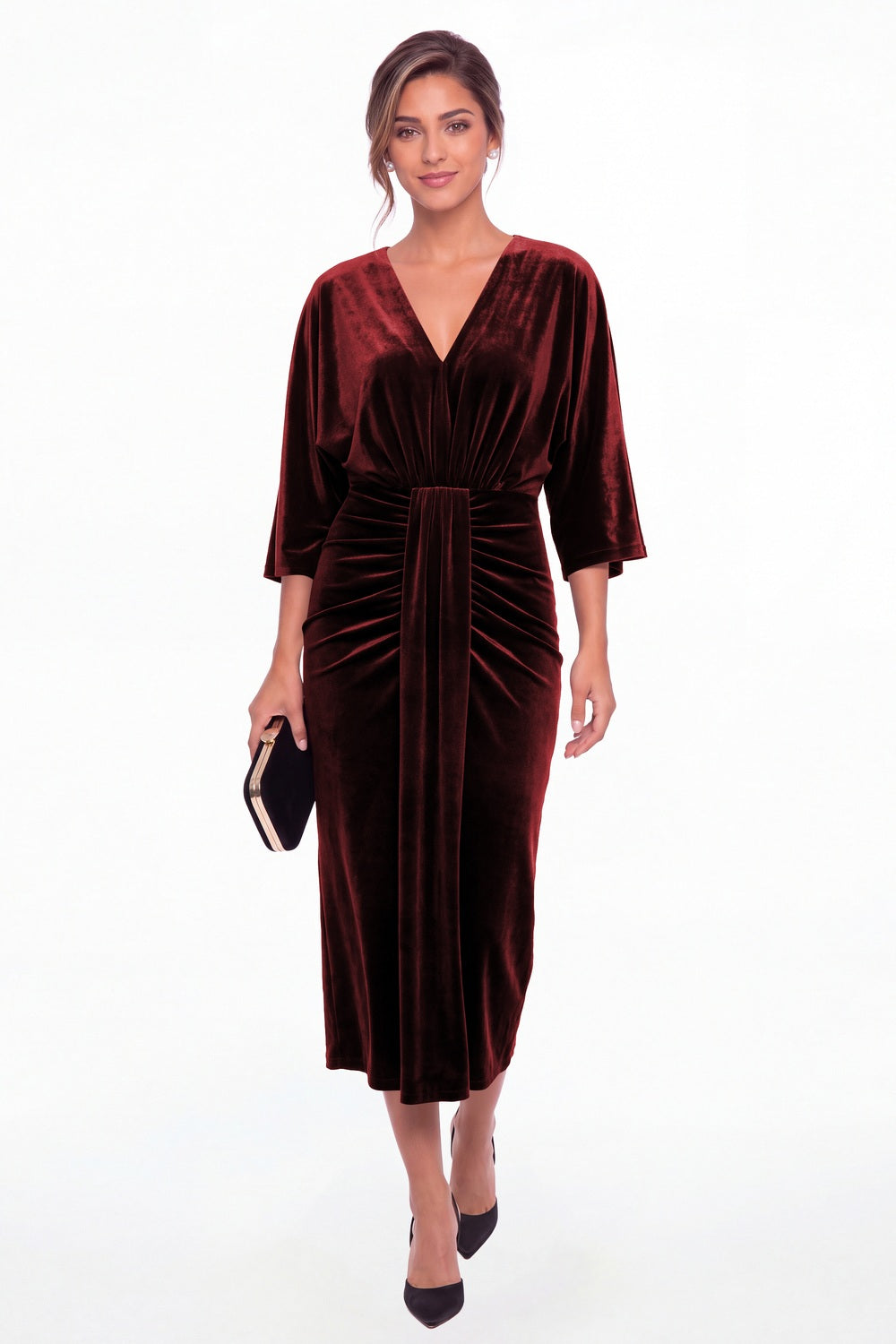 Burgundy V-Neck Tie Ruched Velvet Midi Dress - Front View
