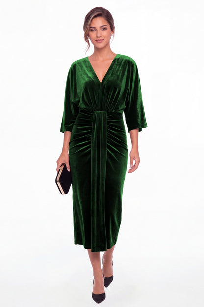 Emerald Green V-Neck Tie Ruched Velvet Midi Dress - Front View