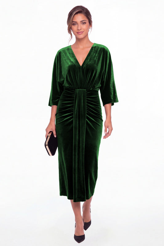 Emerald Green V-Neck Tie Ruched Velvet Midi Dress - Front View