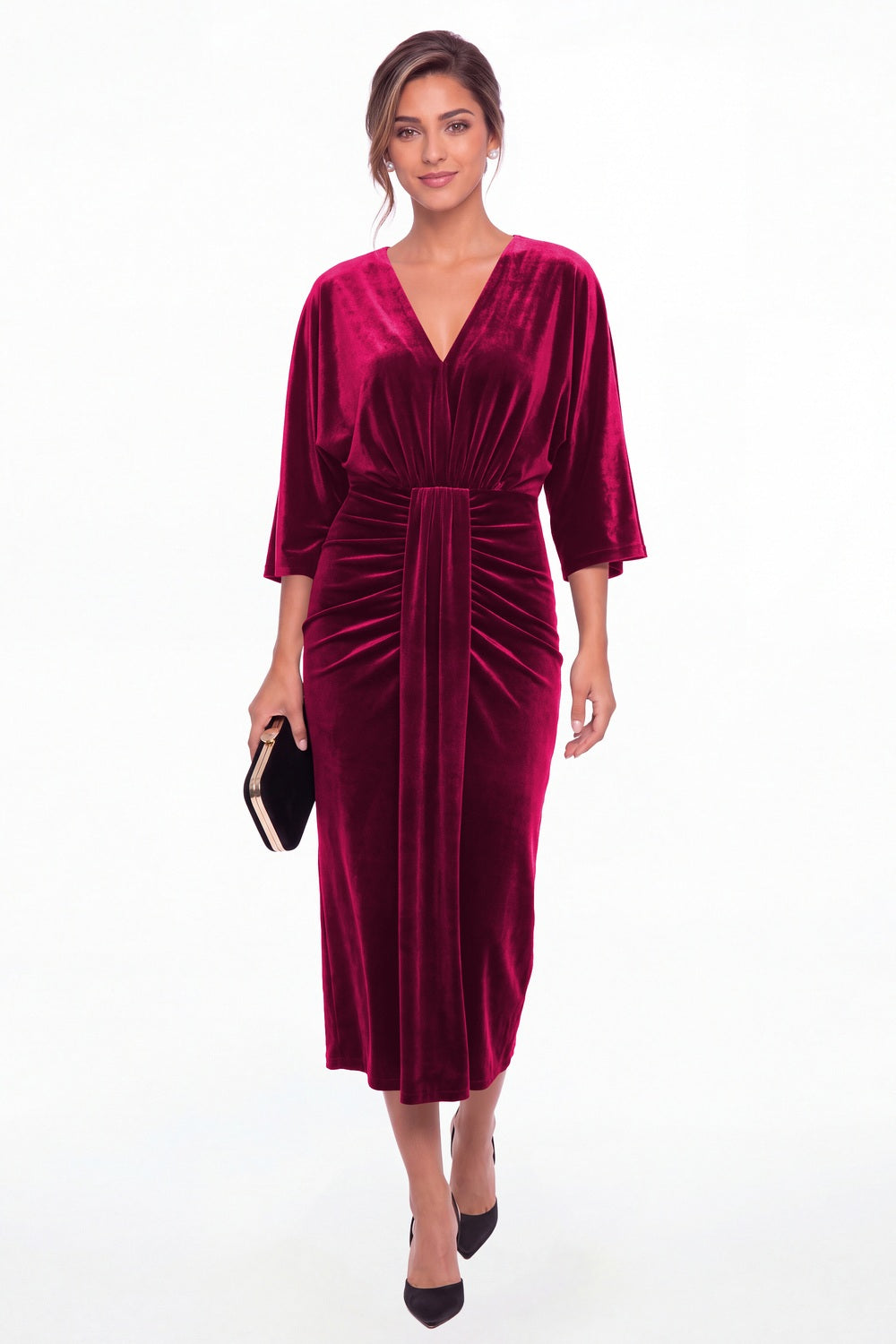 Fuchsia V-Neck Tie Ruched Velvet Midi Dress - Front View