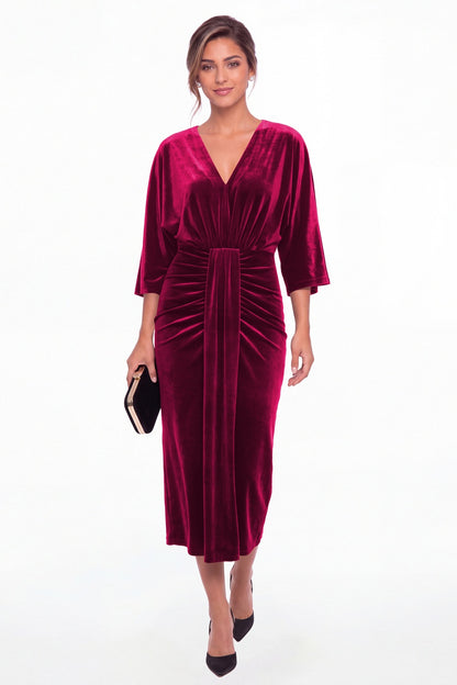 Fuchsia V-Neck Tie Ruched Velvet Midi Dress - Front View