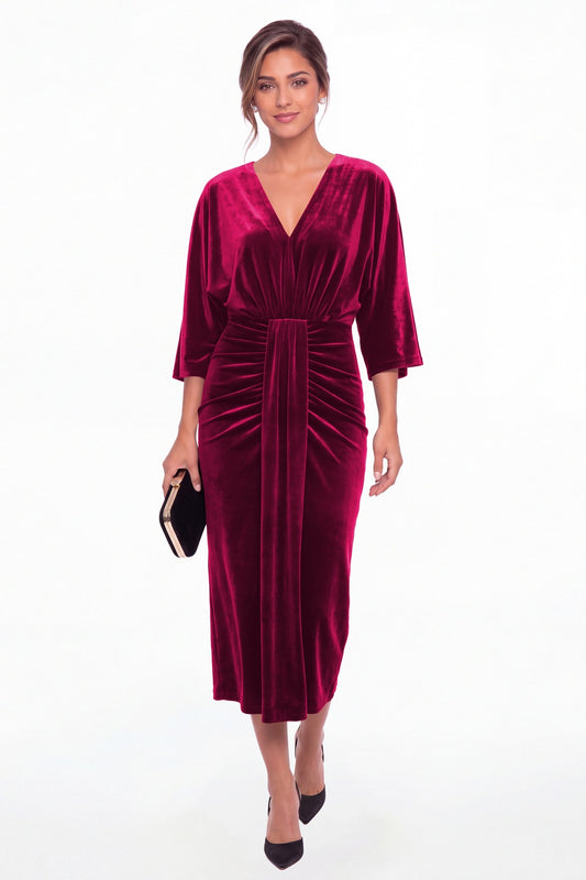 Fuchsia V-Neck Tie Ruched Velvet Midi Dress - Front View