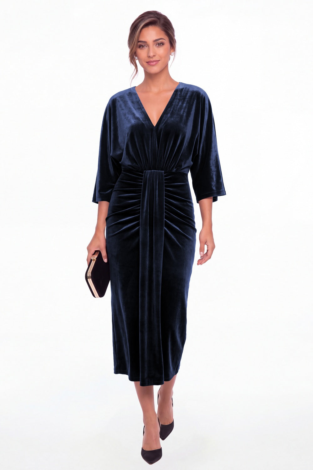 Navy Blue V-Neck Tie Ruched Velvet Midi Dress - Front View