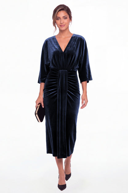 Navy Blue V-Neck Tie Ruched Velvet Midi Dress - Front View