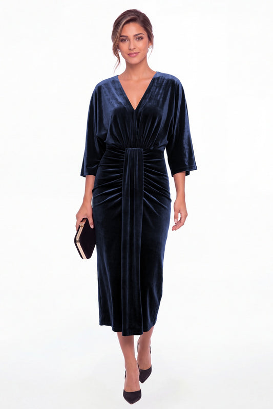 Navy Blue V-Neck Tie Ruched Velvet Midi Dress - Front View