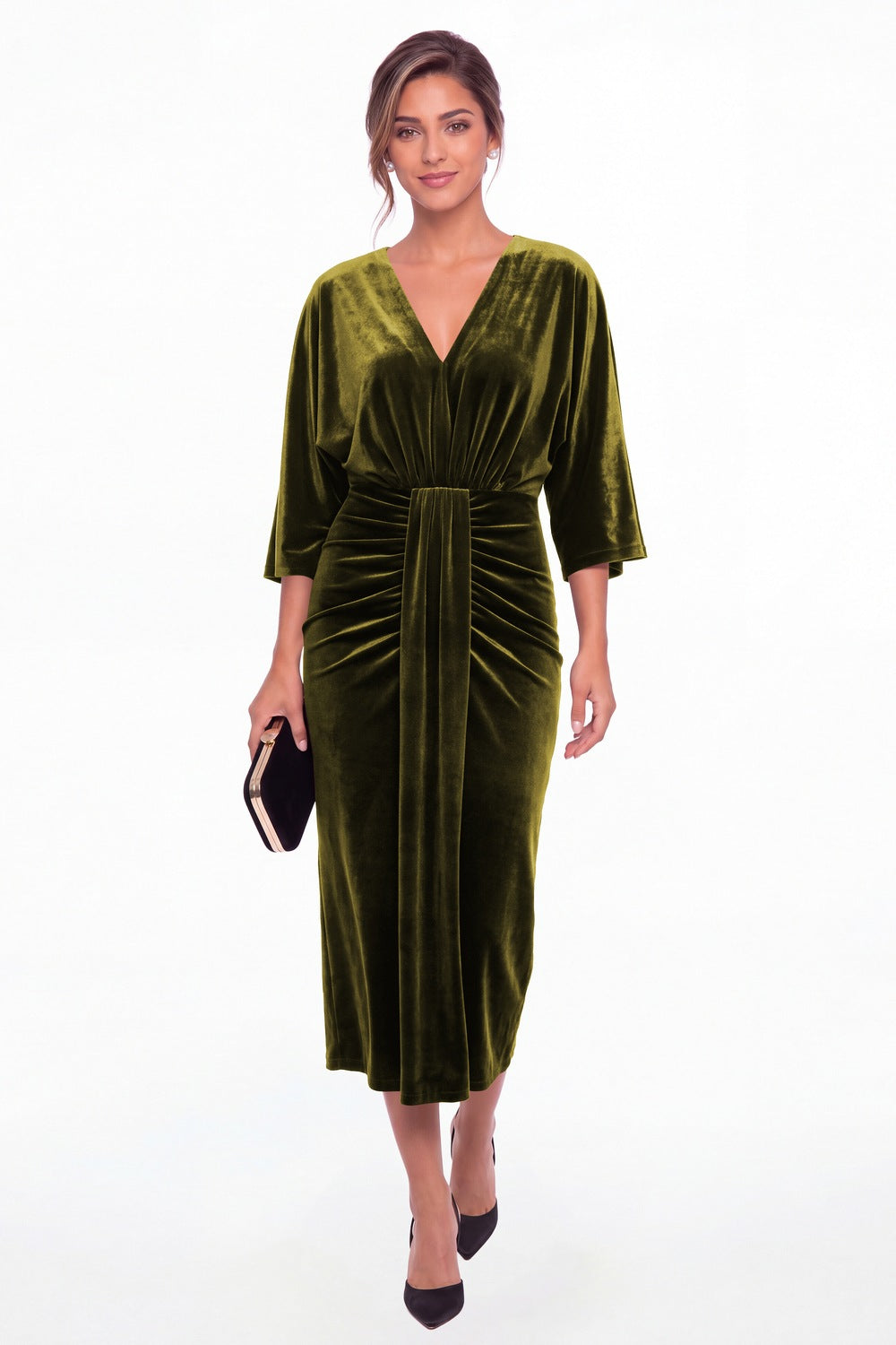 Olive Green V-Neck Tie Ruched Velvet Midi Dress - Front View