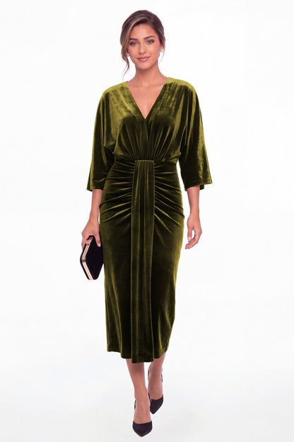Olive Green V-Neck Tie Ruched Velvet Midi Dress - Front View
