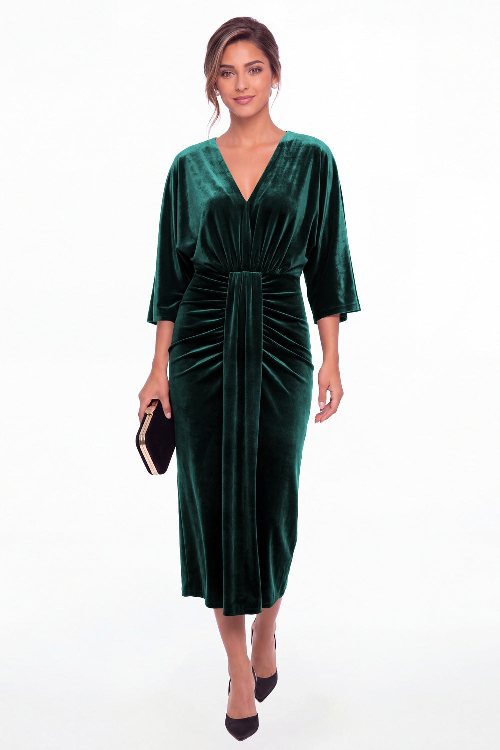 Peacock V-Neck Tie Ruched Velvet Midi Dress - Front View