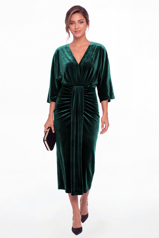 Peacock V-Neck Tie Ruched Velvet Midi Dress - Front View