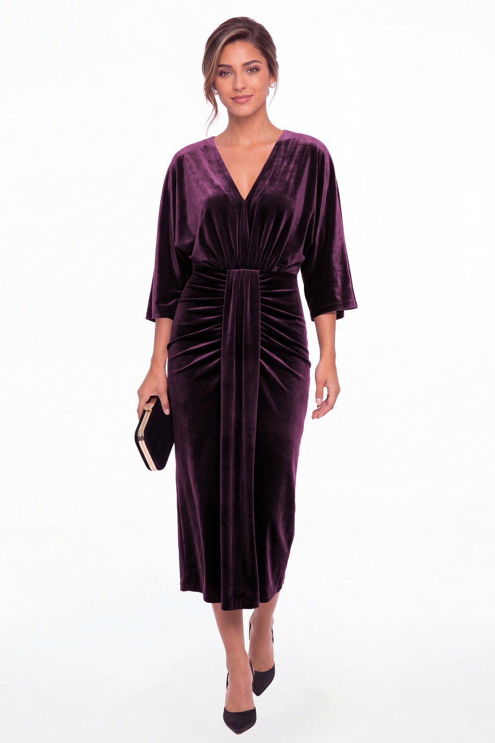 Plum V-Neck Tie Ruched Velvet Midi Dress - Front View