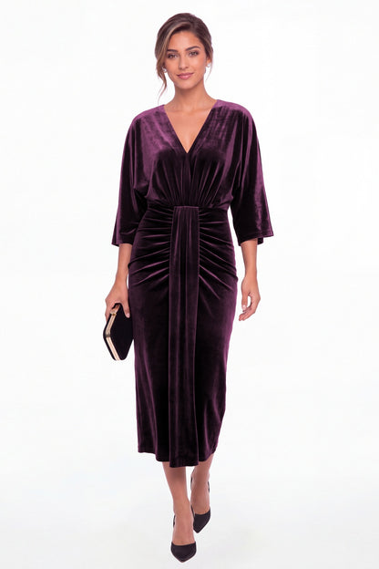 Plum V-Neck Tie Ruched Velvet Midi Dress - Front View