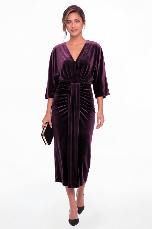 Plum V-Neck Tie Ruched Velvet Midi Dress - Front View