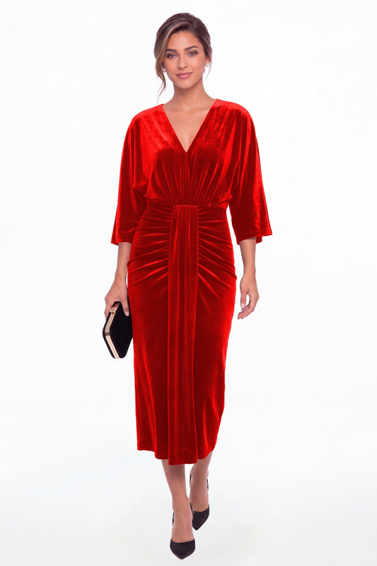 Red V-Neck Tie Ruched Velvet Midi Dress - Front View