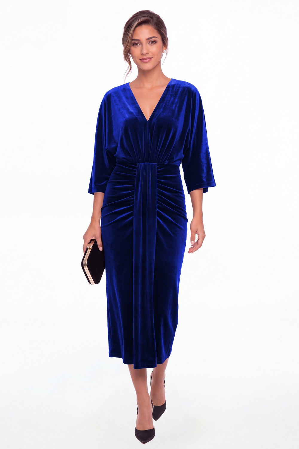 Royal Blue V-Neck Tie Ruched Velvet Midi Dress - Front View