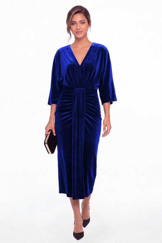 Royal Blue V-Neck Tie Ruched Velvet Midi Dress - Front View