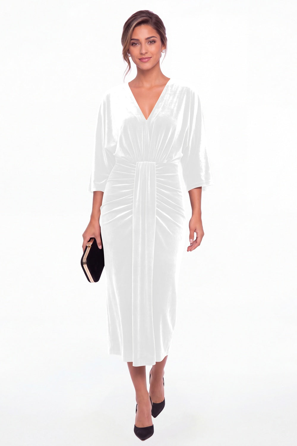 White V-Neck Tie Ruched Velvet Midi Dress - Front View