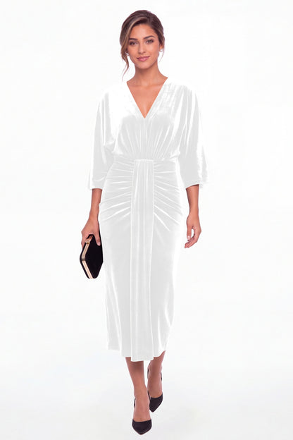 White V-Neck Tie Ruched Velvet Midi Dress - Front View