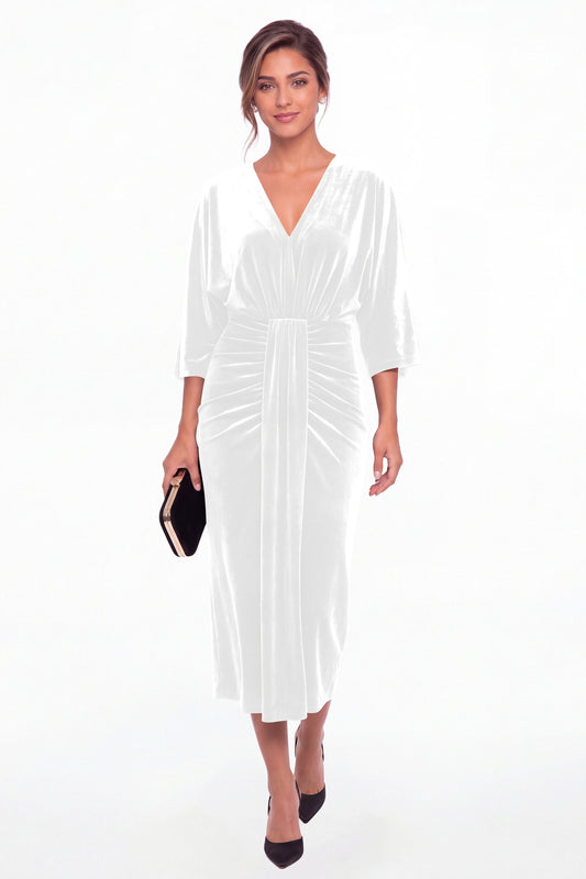White V-Neck Tie Ruched Velvet Midi Dress - Front View