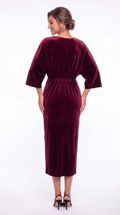 V-Neck Tie Ruched Velvet Midi Dress - Back View